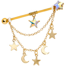 Load image into Gallery viewer, 14G Aurora Gem Gold Tone Moon Star Dangle Industrial Barbell 38mm