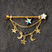 Load image into Gallery viewer, 14G Aurora Gem Gold Tone Moon Star Dangle Industrial Barbell 38mm