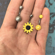 Load image into Gallery viewer, Sandblasted and Yellow UV Glow Sunflower Belly Ring Set of 3