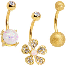 Load image into Gallery viewer, Clear Gem White Faux Opal Flower Gold Tone Belly Ring Set of 3