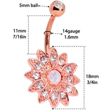 Load image into Gallery viewer, Clear Gem White Faux Opal Rose Gold Tone Flower Belly Ring Set of 2