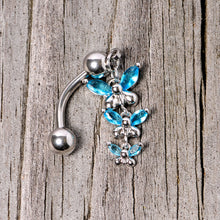 Load image into Gallery viewer, Aqua Gem Band of Butterflies Top Mount Dangle Belly Ring