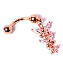 Load image into Gallery viewer, Clear Gem Rose Gold Tone Butterflies Top Mount Dangle Belly Ring