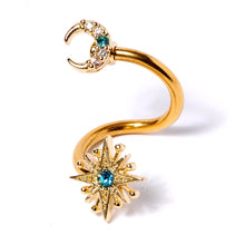 Load image into Gallery viewer, 14G 3/8 Clear Blue Gem Gold Tone Moon Star Spiral Twister Belly Ring