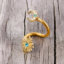Load image into Gallery viewer, 14G 3/8 Clear Blue Gem Gold Tone Moon Star Spiral Twister Belly Ring