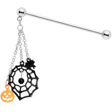 Load image into Gallery viewer, 14G Spiderweb Pumpkin Halloween Dangle Industrial Barbell 38mm