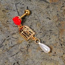 Load image into Gallery viewer, 16G 1/4 Red Flower Gold Tone Birdcage Dangle Cartilage Tragus