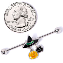 Load image into Gallery viewer, 14G Black Cat Witch Hat Halloween Dangle Industrial Barbell 38mm