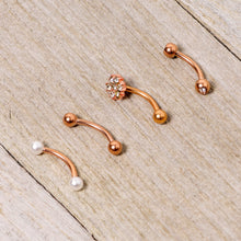 Load image into Gallery viewer, 16G 5/16 Clear Gem Rose Gold Tone Curved Eyebrow Ring Set of 4