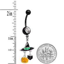Load image into Gallery viewer, Clear Gem Black Cat Witch Hat Halloween Dangle Belly Ring