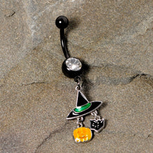Load image into Gallery viewer, Clear Gem Black Cat Witch Hat Halloween Dangle Belly Ring