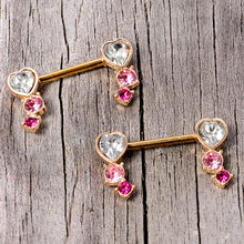 Load image into Gallery viewer, 14G 9/16 Clear Pink Red Gem Heart Barbell Nipple Ring Set