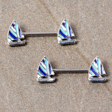 Load image into Gallery viewer, 14G 9/16 Blue White Nautical Sailboat Barbell Nipple Ring Set