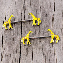 Load image into Gallery viewer, 14G 9/16 Brown Yellow Giraffe Barbell Nipple Ring Set