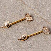 Load image into Gallery viewer, 14G 9/16 Clear Gem Gold Tone Little Birds Barbell Nipple Ring Set
