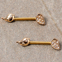 Load image into Gallery viewer, 14G 9/16 Clear Gem Gold Tone Little Birds Barbell Nipple Ring Set