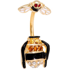 Load image into Gallery viewer, Clear Black Yellow Gem Gold Tone Bee Double Mount Belly Ring