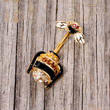 Load image into Gallery viewer, Clear Black Yellow Gem Gold Tone Bee Double Mount Belly Ring