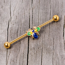 Load image into Gallery viewer, 14G Blue Gem Gold Tone Colorful Bee Industrial Barbell 38mm
