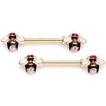Load image into Gallery viewer, 14G 9/16 Clear Yellow Gem Gold Tone Bee Barbell Nipple Ring Set