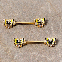 Load image into Gallery viewer, 14G 9/16 Clear Gem Gold Tone Butterfly Barbell Nipple Ring Set