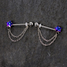 Load image into Gallery viewer, 14G 5/8 Blue Purple Gem Star Chain Dangle Barbell Nipple Ring Set