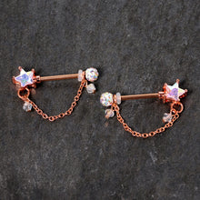 Load image into Gallery viewer, 14G 5/8 Aurora Gem Rose Gold Tone Star Dangle Nipple Ring Set