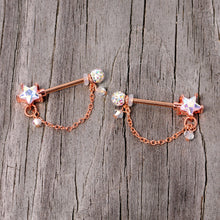 Load image into Gallery viewer, 14G 5/8 Aurora Gem Rose Gold Tone Star Dangle Nipple Ring Set