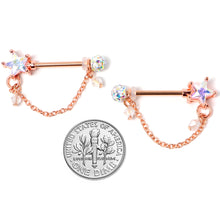 Load image into Gallery viewer, 14G 5/8 Aurora Gem Rose Gold Tone Star Dangle Nipple Ring Set