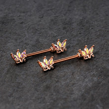 Load image into Gallery viewer, 14G 9/16 Aurora Gem Rose Gold Tone Love Crown Barbell Nipple Ring Set