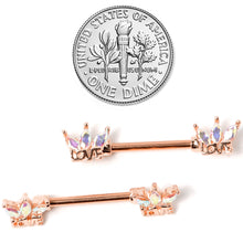 Load image into Gallery viewer, 14G 9/16 Aurora Gem Rose Gold Tone Love Crown Barbell Nipple Ring Set