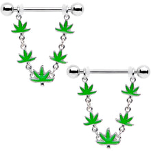 Load image into Gallery viewer, 14G 5/8 Green Marijuana Pot Leaf Dangle Barbell Nipple Ring Set