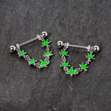 Load image into Gallery viewer, 14G 5/8 Green Marijuana Pot Leaf Dangle Barbell Nipple Ring Set