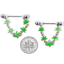 Load image into Gallery viewer, 14G 5/8 Green Marijuana Pot Leaf Dangle Barbell Nipple Ring Set