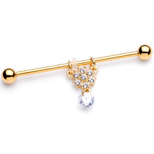 Load image into Gallery viewer, 14G Clear Gem Gold Tone Regal Crest Dangle Industrial Barbell 38mm