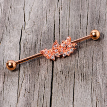 将图片加载到图库查看器,14G Clear CZ Gem Rose Gold Tone Butterflies Industrial Barbell 38mm