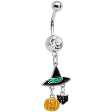 将图片加载到图库查看器,Clear Gem Witch Hat Bat Orange Pumpkin Halloween Dangle Belly Ring