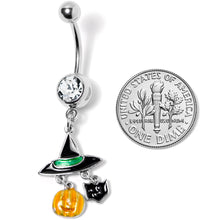 将图片加载到图库查看器,Clear Gem Witch Hat Bat Orange Pumpkin Halloween Dangle Belly Ring