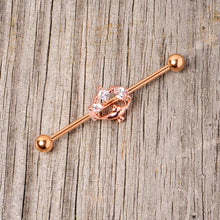 Load image into Gallery viewer, 14G Clear CZ Gem Rose Gold Hue Genie Lamp Industrial Barbell 38mm