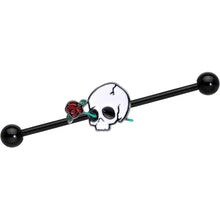 Load image into Gallery viewer, 14G Black PVD Rose Skull Halloween Industrial Barbell 38mm