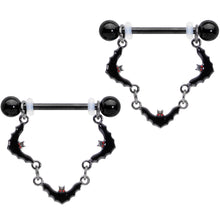 Load image into Gallery viewer, 14G 9/16 Black Vampire Bat Halloween Dangle Nipple Ring Set