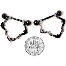 Load image into Gallery viewer, 14G 9/16 Black Vampire Bat Halloween Dangle Nipple Ring Set