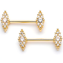 Load image into Gallery viewer, 14G 9/16 Clear CZ Gem Gold Tone Texture Barbell Nipple Ring Set