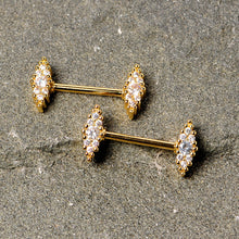 Load image into Gallery viewer, 14G 9/16 Clear CZ Gem Gold Tone Texture Barbell Nipple Ring Set