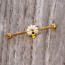 Load image into Gallery viewer, 14G Gold Tone Flower Daisy Bee Industrial Barbell 38mm