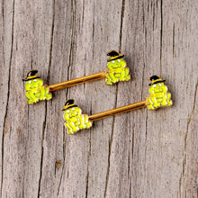 Load image into Gallery viewer, 14G 9/16 Gold Tone Frog Witch Halloween Barbell Nipple Ring Set