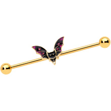 Load image into Gallery viewer, 14G Pink Gem Gold Tone Vamp Bat Halloween Industrial Barbell 38mm