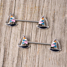 Load image into Gallery viewer, 14G 9/16 Black Gem Teal Nautical Sailboat Barbell Nipple Ring Set