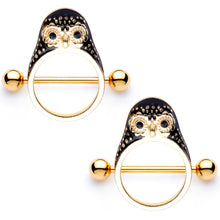 Load image into Gallery viewer, 14G 9/16 Black Gem Gold Tone Barn Owl Nipple Shield Set