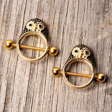 Load image into Gallery viewer, 14G 9/16 Black Gem Gold Tone Barn Owl Nipple Shield Set